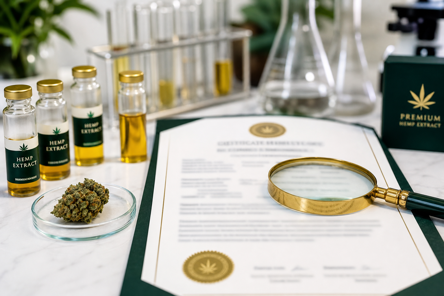 Certificat d'analyse CBD avec loupe sur le taux de THC