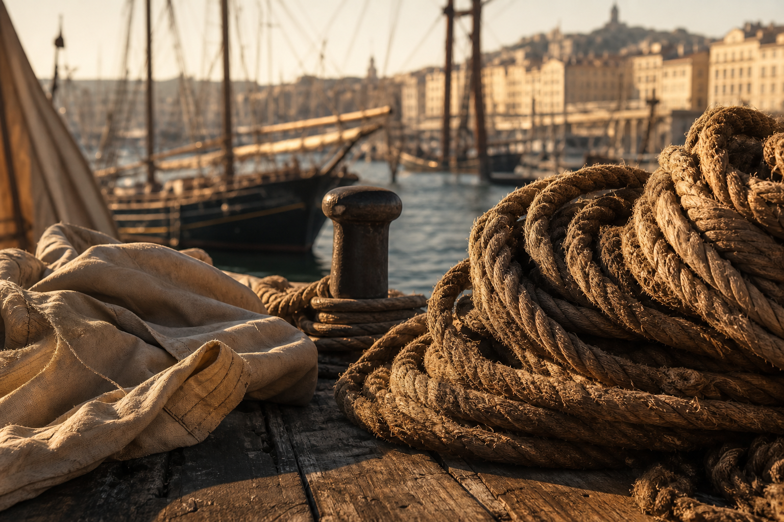 Vue ancienne du Vieux-Port de Marseille avec voiliers et cordages de chanvre
