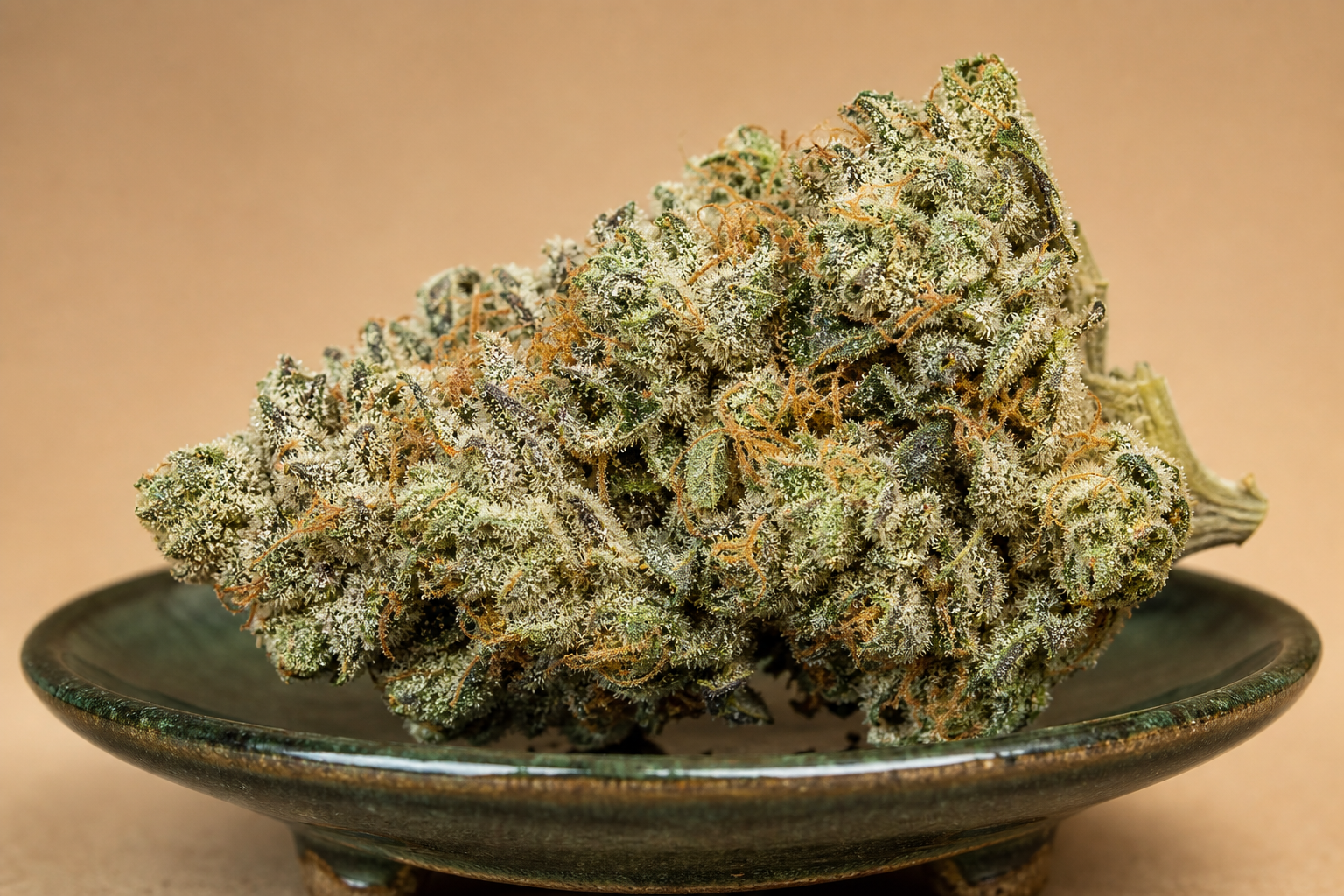 Fleur Amnesia CBD indoor, tête dense aux reflets verts et orangés