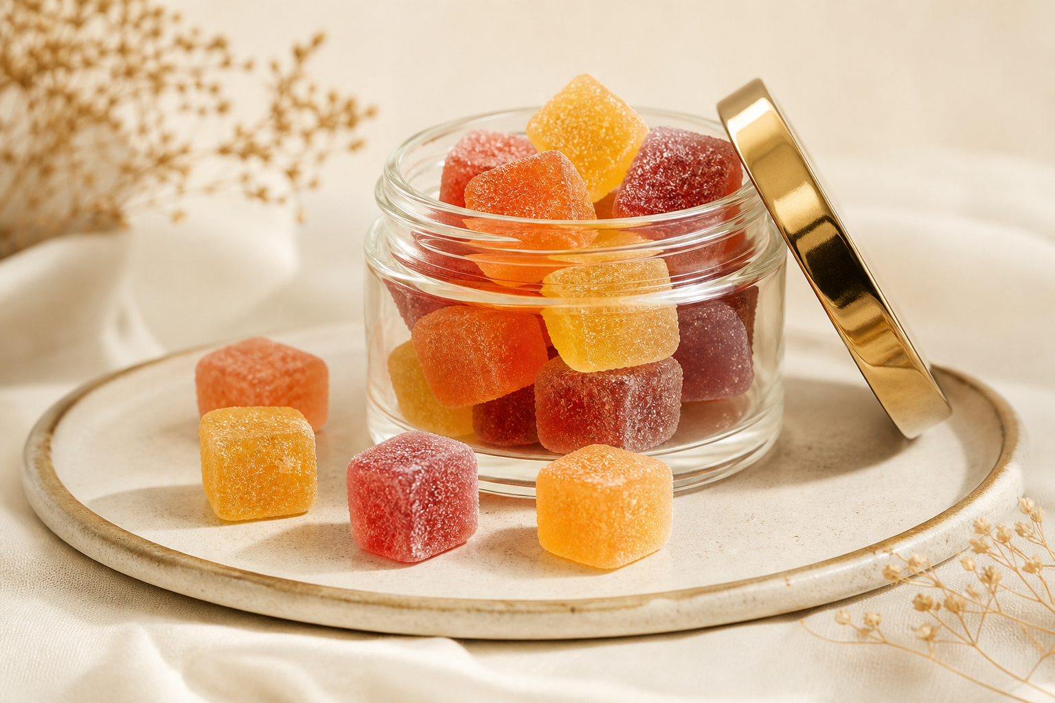 Gummies CBD fruités dans un pot en verre